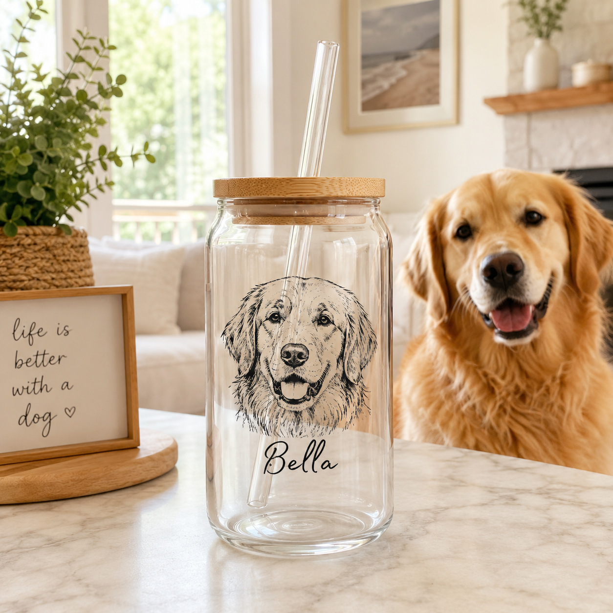 Custom Dog Photo Sipper Glass 16oz – Personalized Glass Tumbler with Bamboo Lid & Straw THUC99