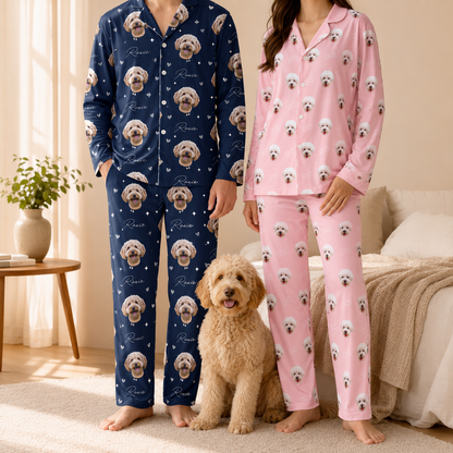 Personalized Dog Face Pajamas Set for Dog Mom and Dog Dad, Custom Pet Photo Sleepwear THUC99