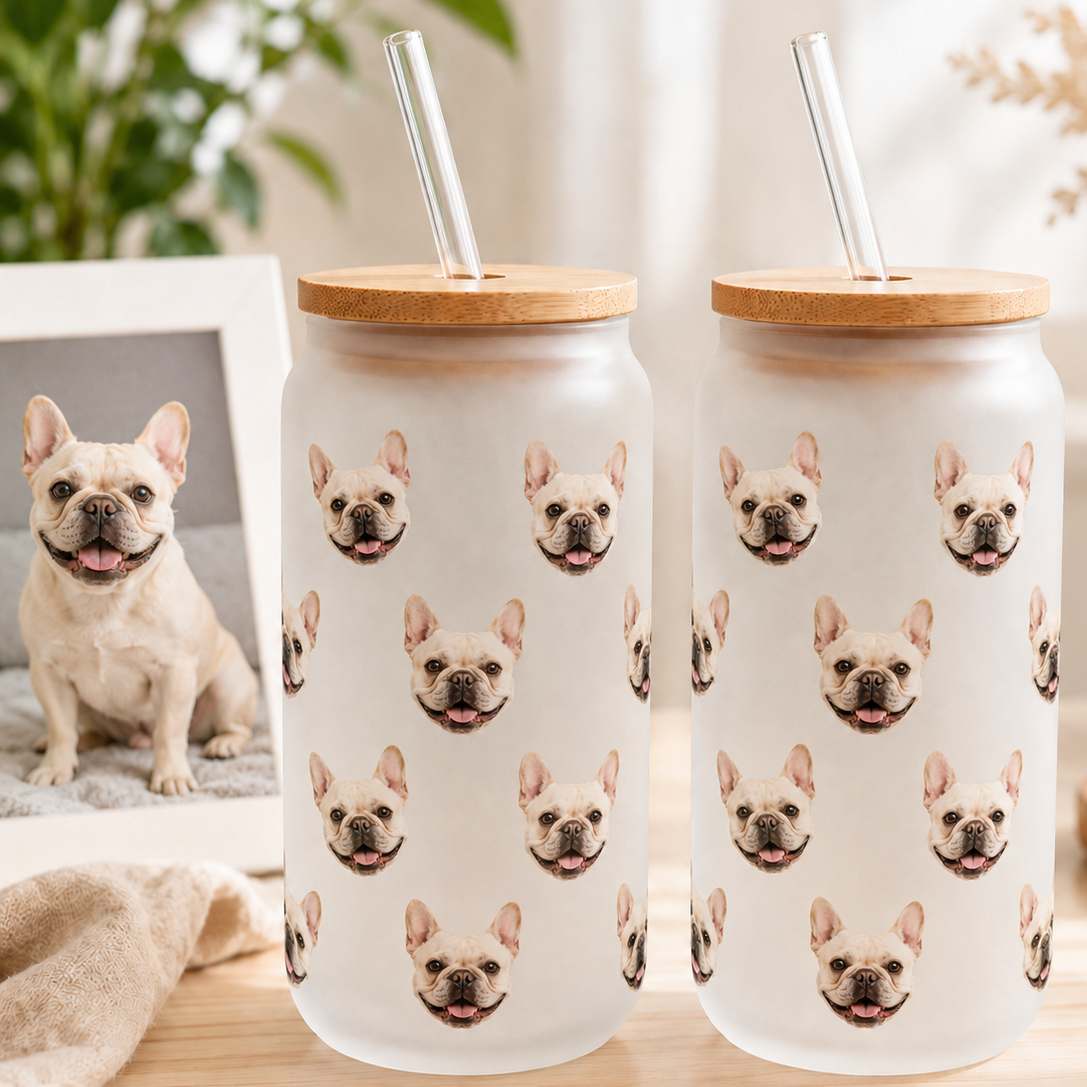 Custom Dog Photo Iced Coffee Glass – 16oz Personalized Cup with Bamboo Lid THUC99