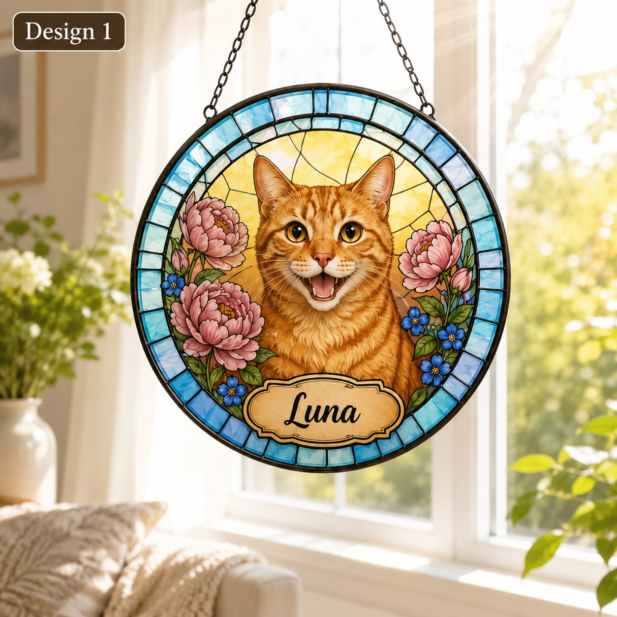 Custom Photo Cat Stained Glass Suncatcher – Personalized Cat Portrait Window Hanging Gift THUC99