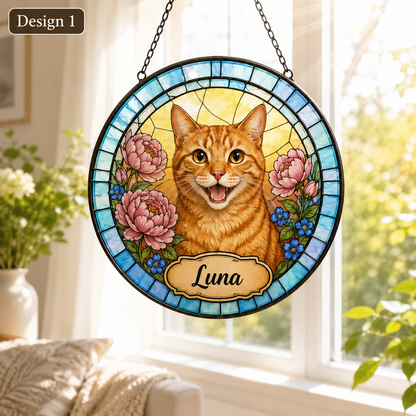 Custom Photo Cat Stained Glass Suncatcher – Personalized Cat Portrait Window Hanging Gift THUC99