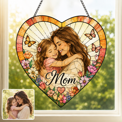 Custom Photo Mom Stained Glass Suncatcher, Personalized Mother’s Day Family Portrait Window Hanging Gift THUC99
