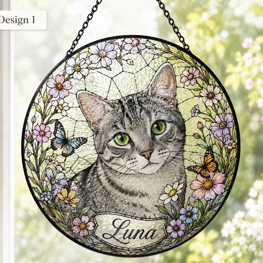 Custom Cat Photo Glass Suncatcher – Personalized Pet Memorial Window Hanging Decor THUC99
