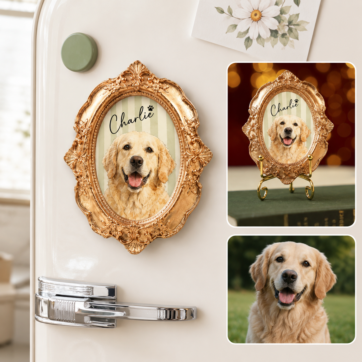 Custom Dog Photo Frame Magnet, Personalized Pet PortraitGold Frame Dog Artwork Magnet THUC99