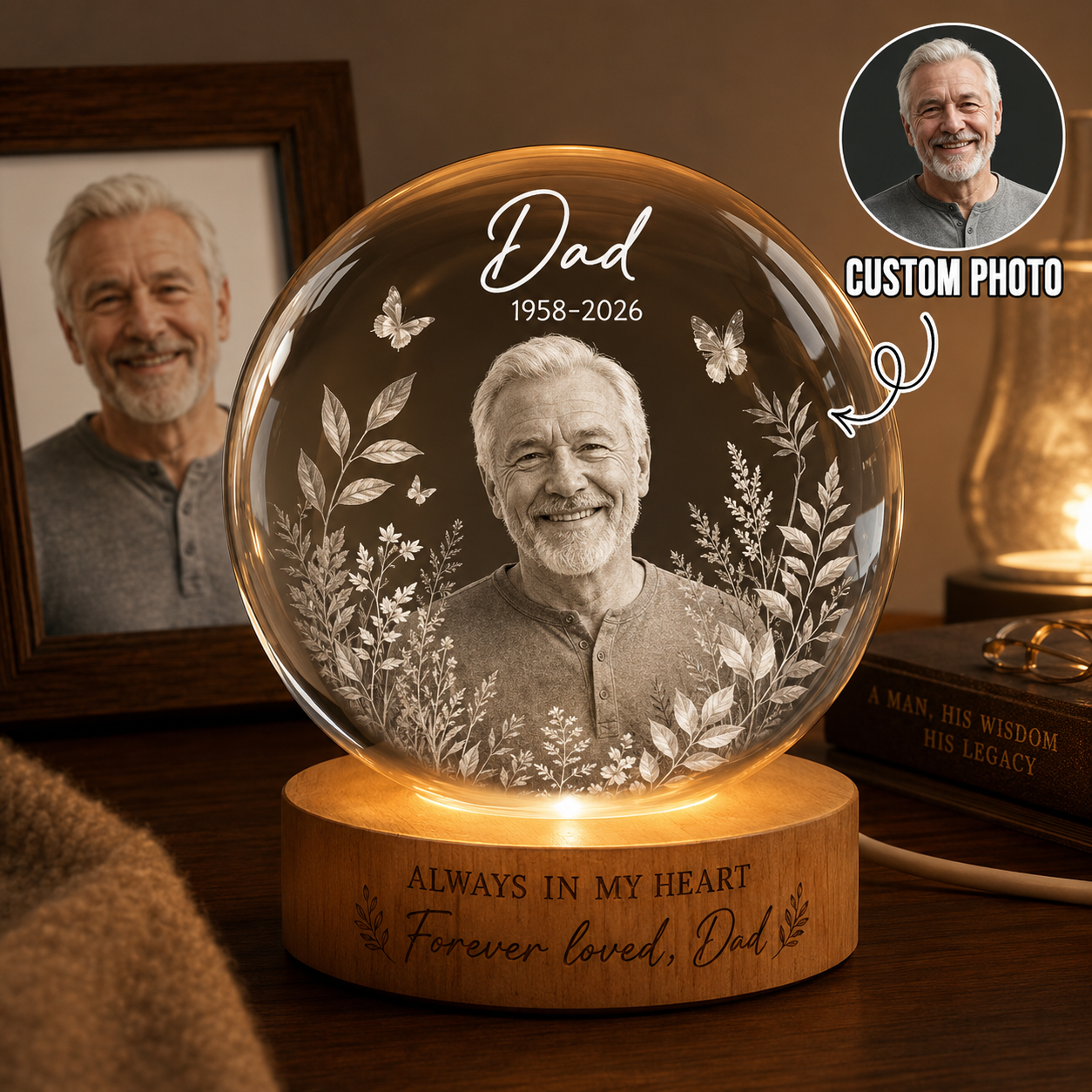 Custom Photo Father Night Light, Personalized Memorial Crystal Ball Lamp For Dad THUC99