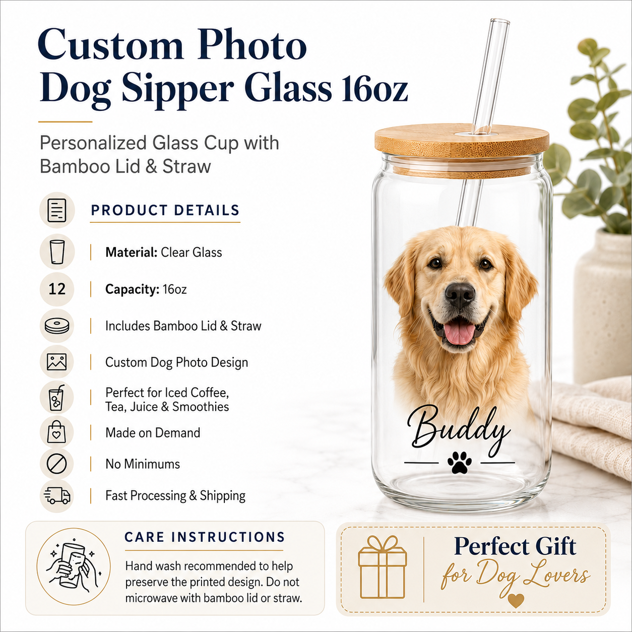 Custom Dog Photo Iced Coffee Glass – 16oz Personalized Cup with Bamboo Lid THUC99
