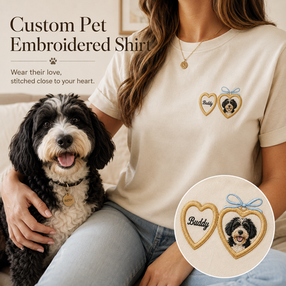 Personalized Pet Portrait Embroidered Tee, Custom Dog Photo Shirt, Gift For Dog Mom Dad THUC99