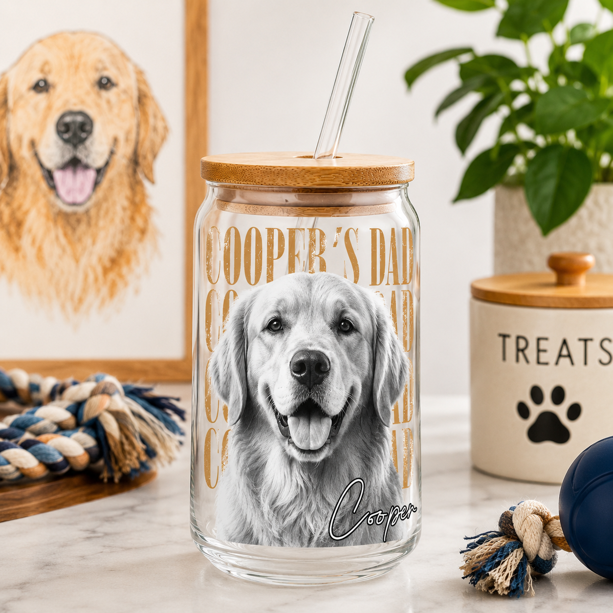 Custom Dog Picture Glass Cup – 16oz Sipper Tumbler with Bamboo Lid and Straw THUC99