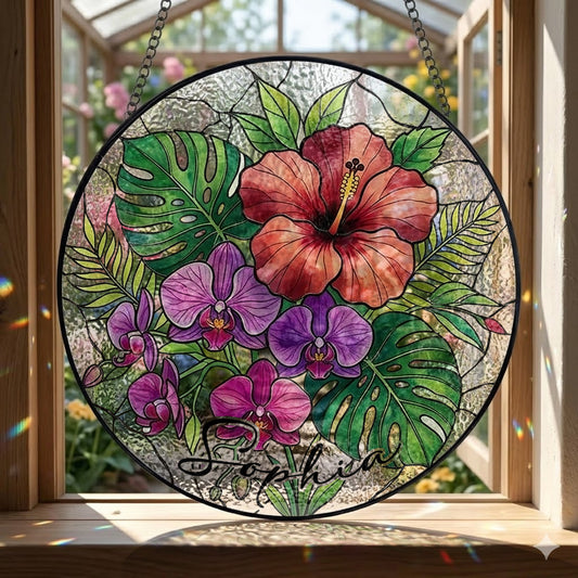 Personalized Tropical Flower Stained Glass Suncatcher – Custom Name Window Hanging, Hibiscus & Orchid Decor (THUC99)