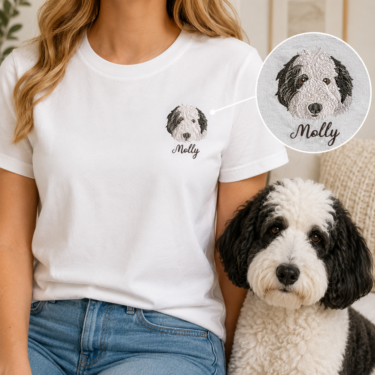 Custom Photo Dog Embroidery Shirt, Personalized Pet Lover T-Shirt, Dog Owner Gift THUC99
