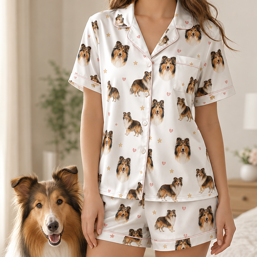 Custom Dog Face Printed Satin Pajamas Set Personalized Pet Photo Sleepwear for Her THUC99