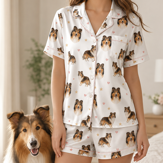 Custom Dog Face Printed Satin Pajamas Set Personalized Pet Photo Sleepwear for Her THUC99
