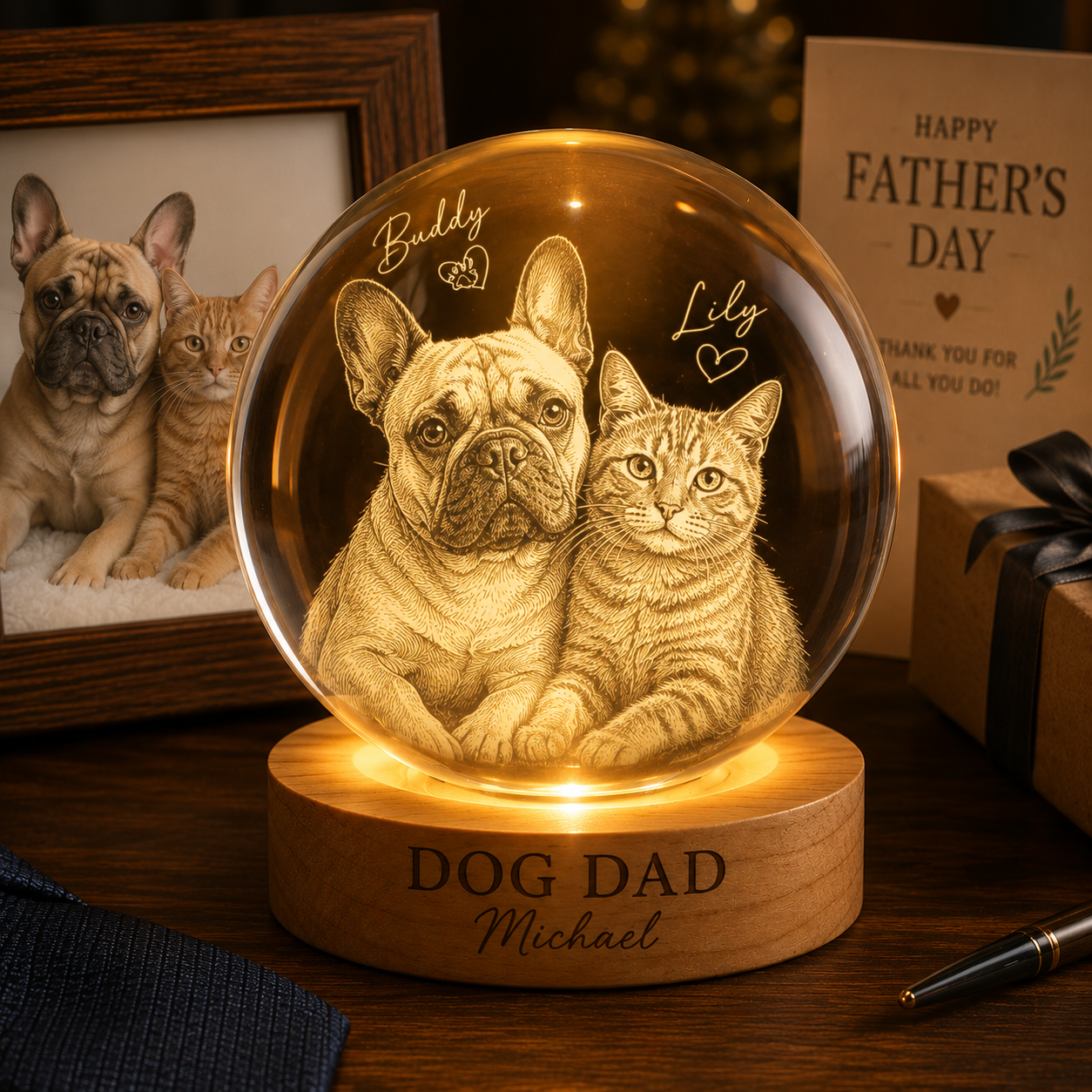 Custom Photo Dog Dad Night Light, Personalized Cat Dad Crystal Ball Lamp For Pet Dad THUC99