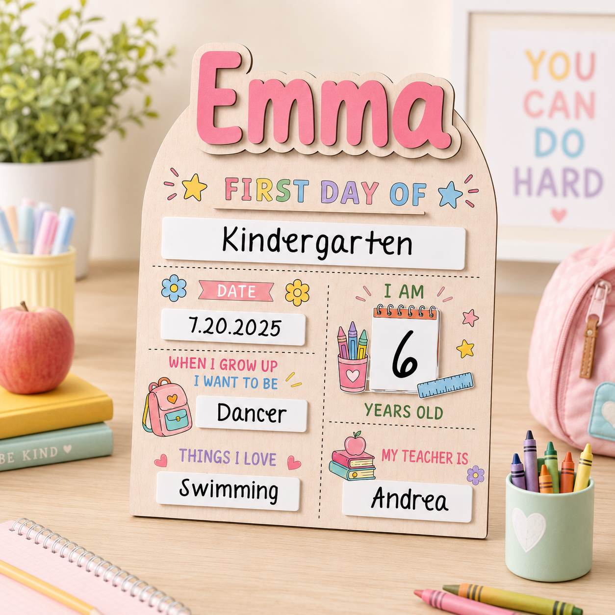 Custom Name School Sign for Kids, Acrylic Wood Back to School Board THUC99