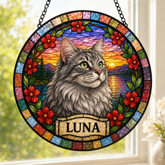 Custom Photo Cat Stained Glass Suncatcher Gift – Personalized Pet Portrait Window Decor | Cat Lover Memorial THUC99