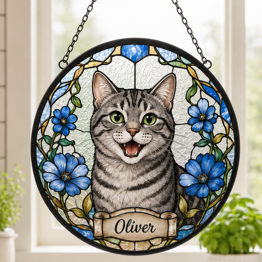 Custom Photo Pet Stained Glass Suncatcher – Personalized Cat Lover Window Ornament Gift THUC99