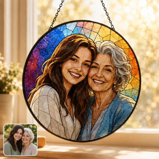 Personalized Grandma and Grandkids Photo Suncatcher, Custom Stained Glass Window Hanging Decor THUC99