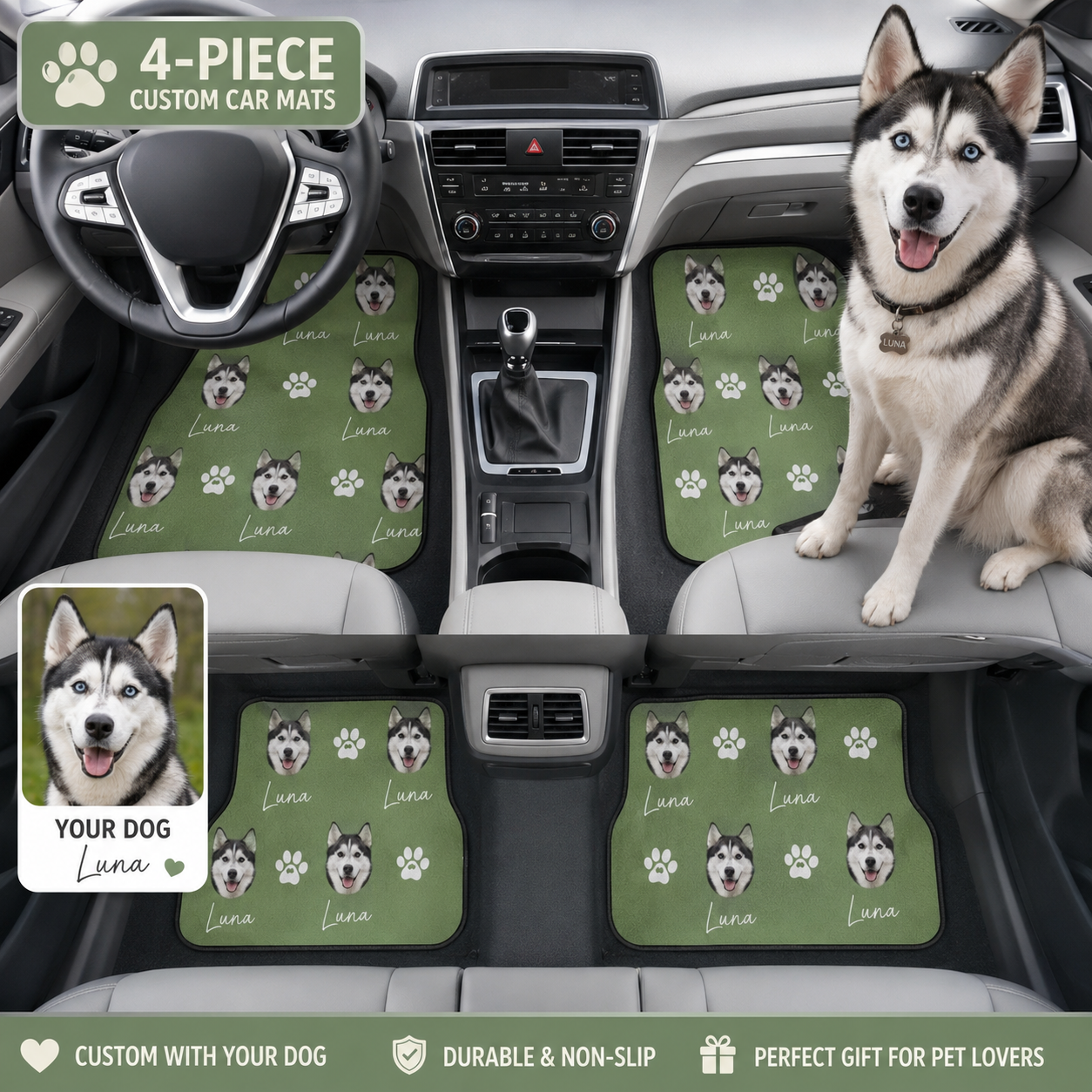 Custom Photo Dog Car Floor Mats 4-Piece Set, Personalized Pet Auto Floor Mat, Car Interior Accessories THUC99