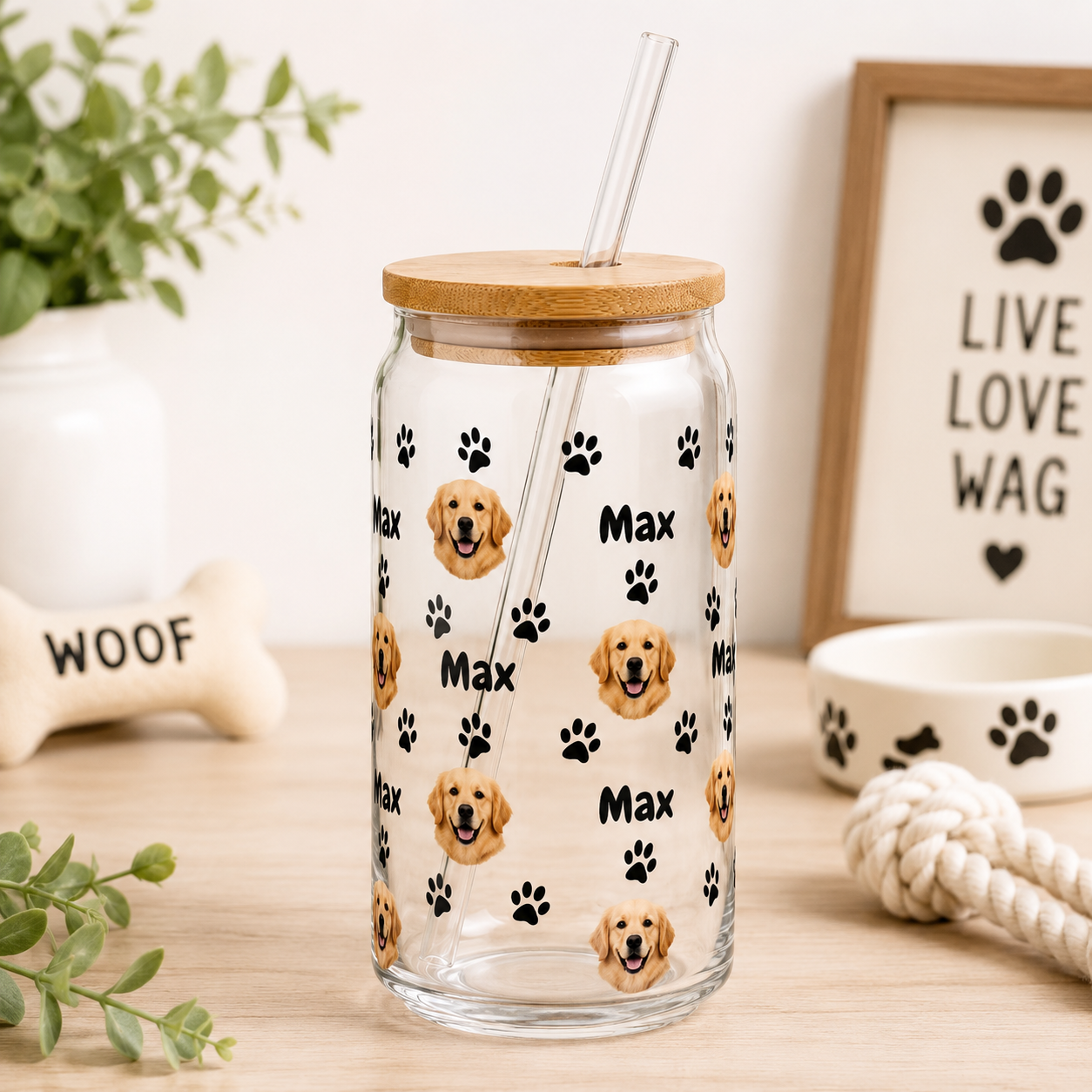 Personalized Dog Face Glass Tumbler 16oz – Custom Pet Cup with Bamboo Lid & Straw THUC99 (Copy)