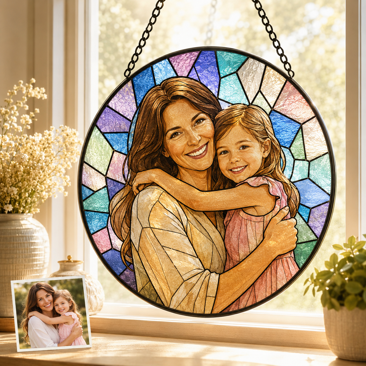 Personalized Mom & Grandma Portrait Glass Suncatcher, Custom Family Photo Window Hanging Decor THUC99