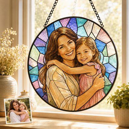 Personalized Mom & Grandma Portrait Glass Suncatcher, Custom Family Photo Window Hanging Decor THUC99