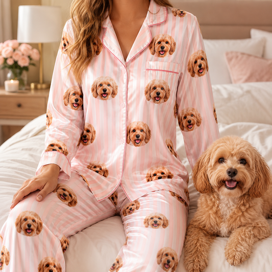 Custom Dog Photo Satin Pajamas Set Personalized Sleepwear Gift for Dog Lovers THUC99
