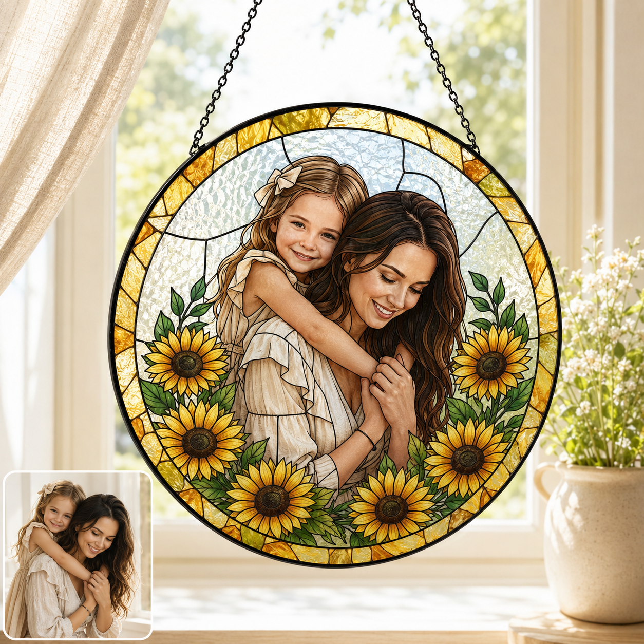 Custom Photo Mom Stained Glass Window Hanging, Personalized Mother’s Day Suncatcher Keepsake THUC99