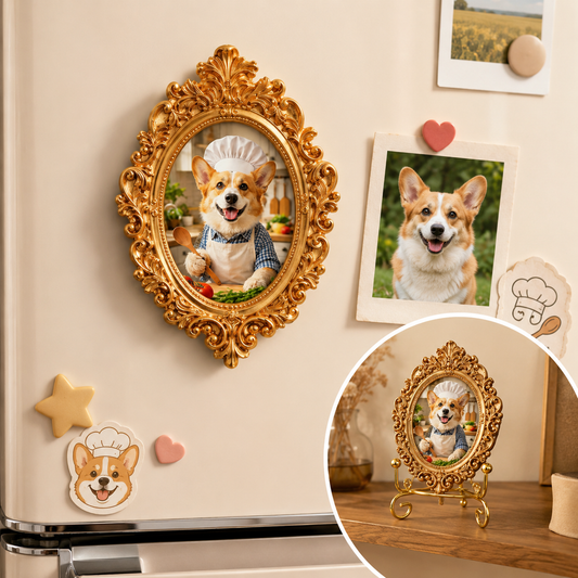 Custom Pet Portrait Magnet, Custom Dog Photo Gold Frame Magnet, Optional Stand Decor THUC99
