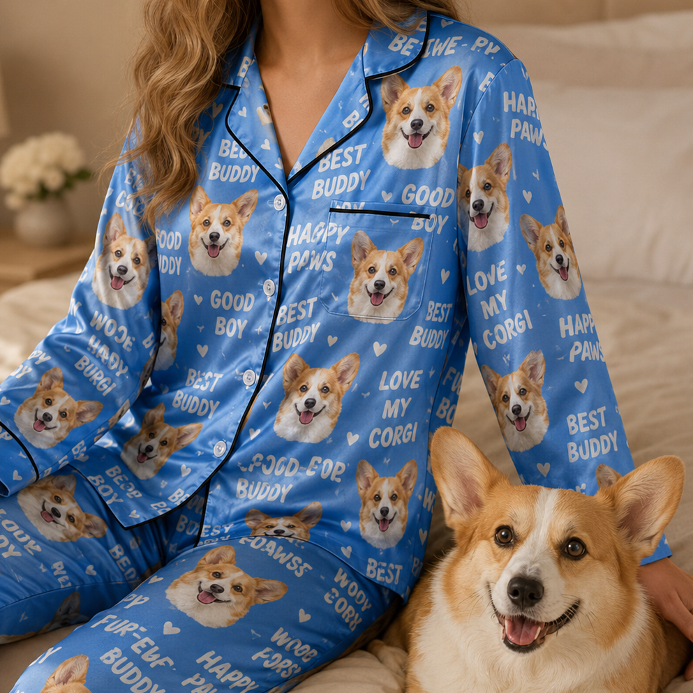 Custom Pet Portrait Satin Pajamas Set Personalized Dog Face Sleepwear Gift THUC99