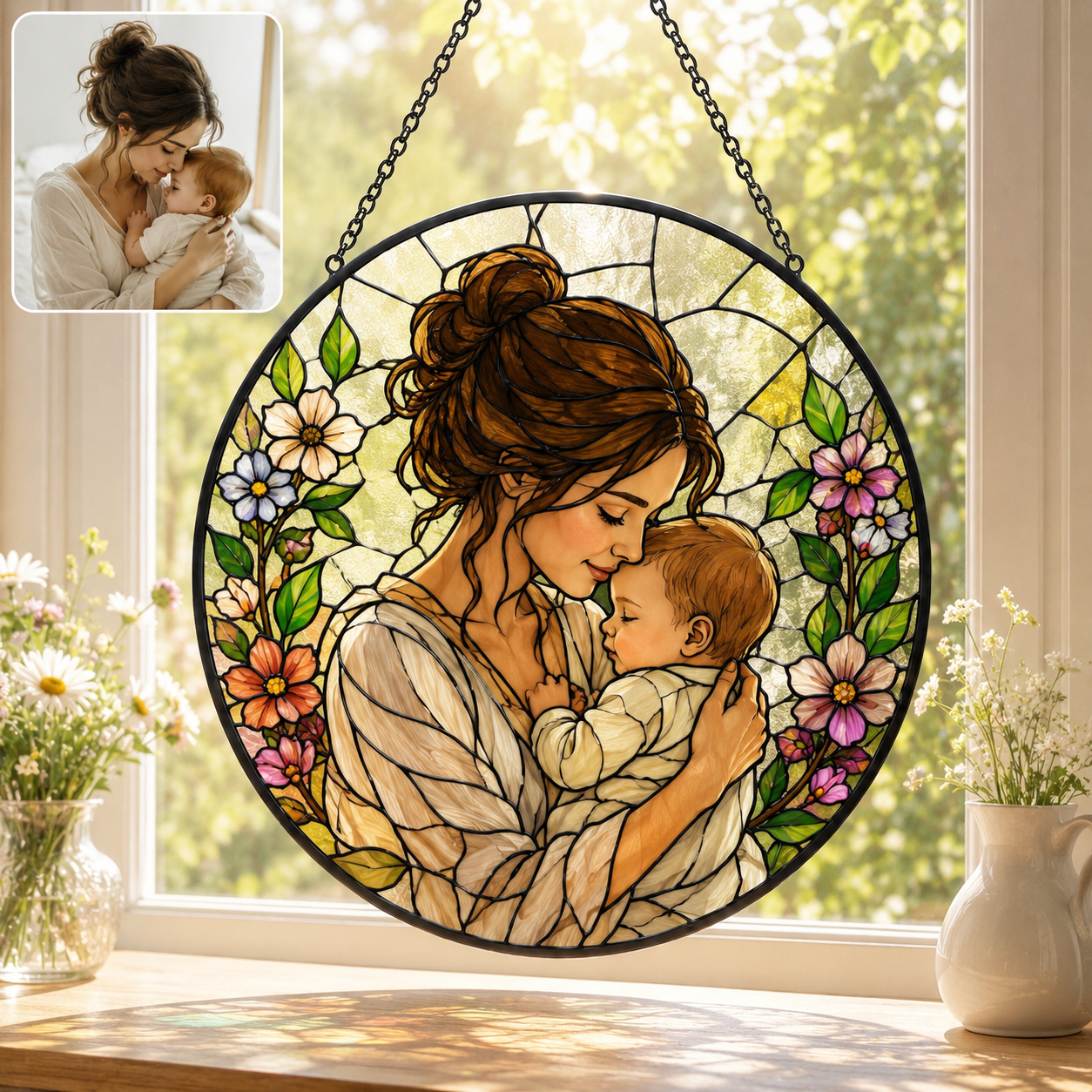 Personalized Mom & Grandma Portrait Glass Suncatcher, Custom Family Photo Window Hanging Decor THUC99