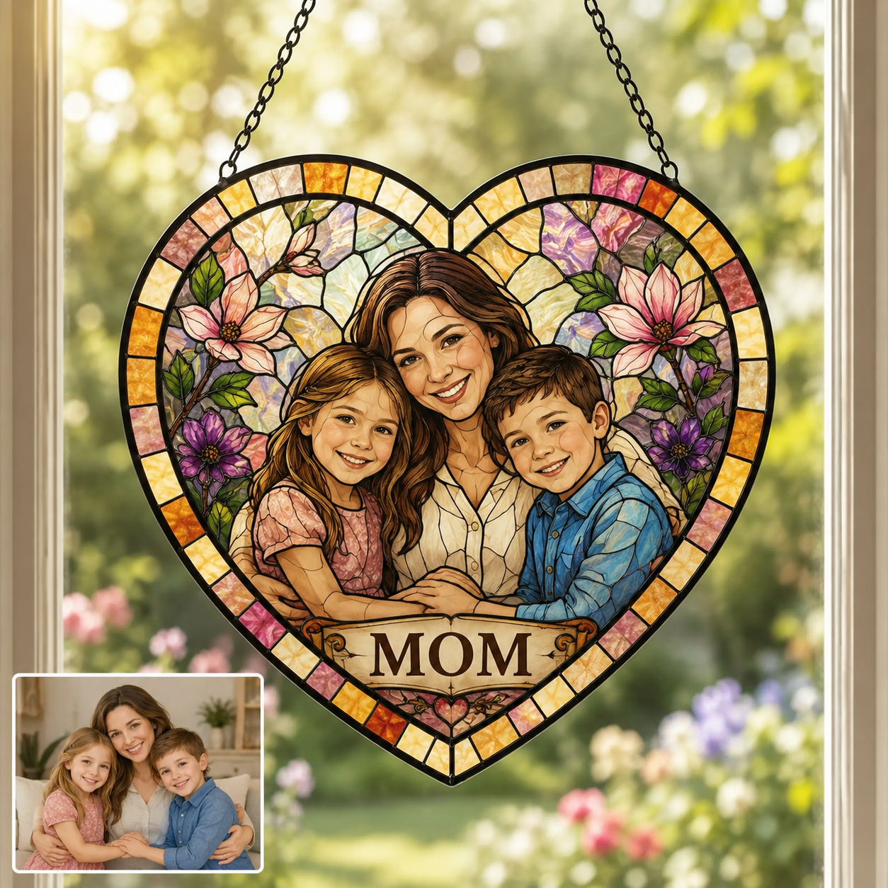 Personalized Grandma Photo Stained Glass Suncatcher, Custom Nana Gift Window Hanging Keepsake Decor THUC99