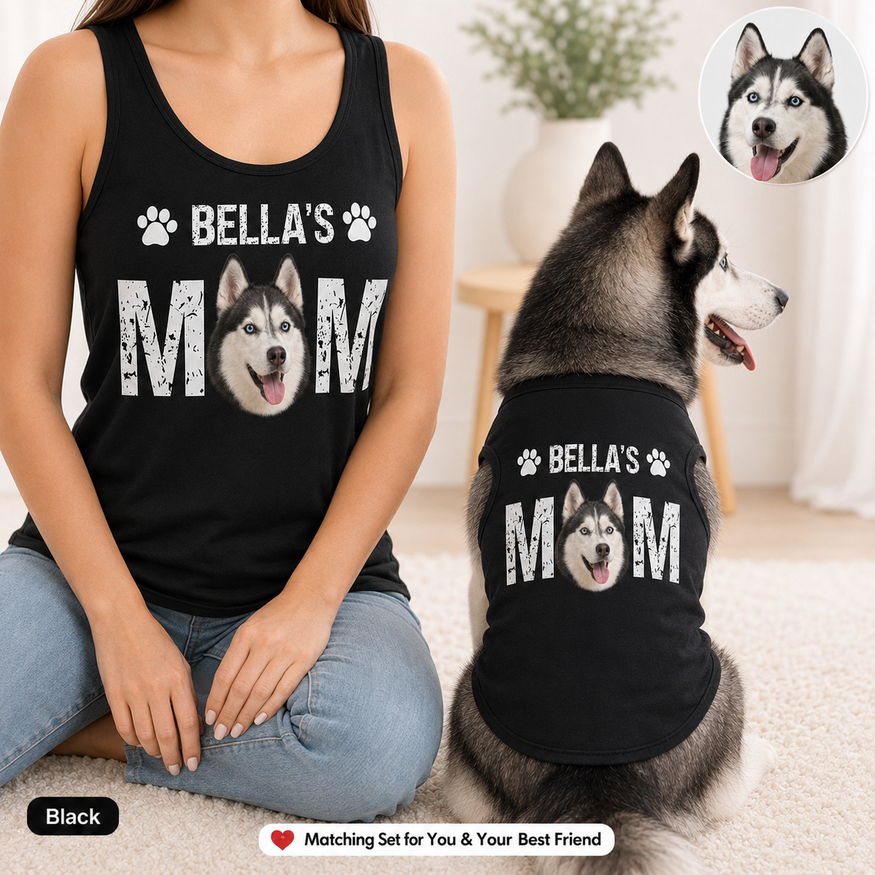 Personalized Women’s Tank Top with Dog Photo, Matching Pet Tank Top Summer Set THUC99