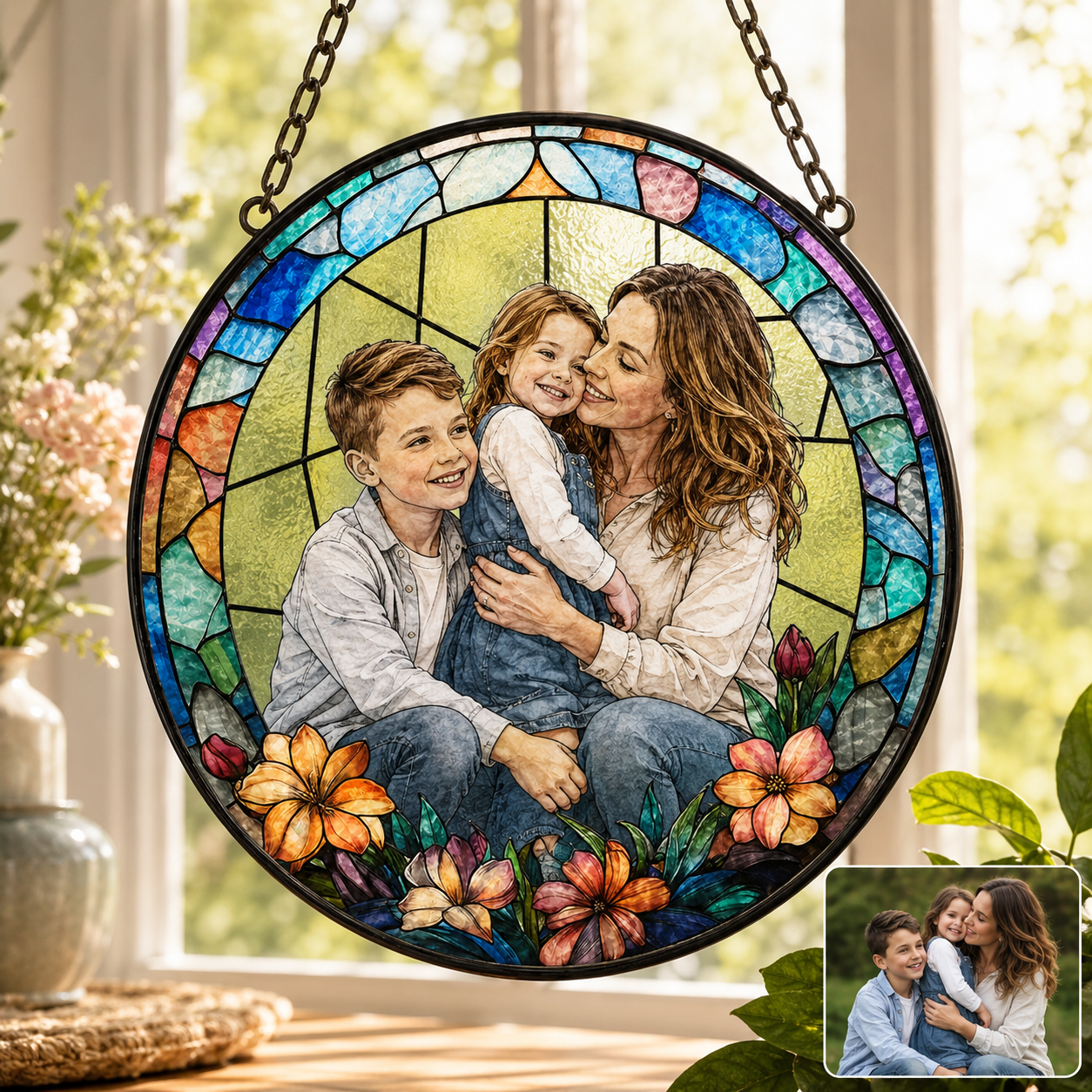 Custom Photo Mom & Grandma Stained Glass Suncatcher, Personalized Family Portrait Window Hanging Gift THUC99