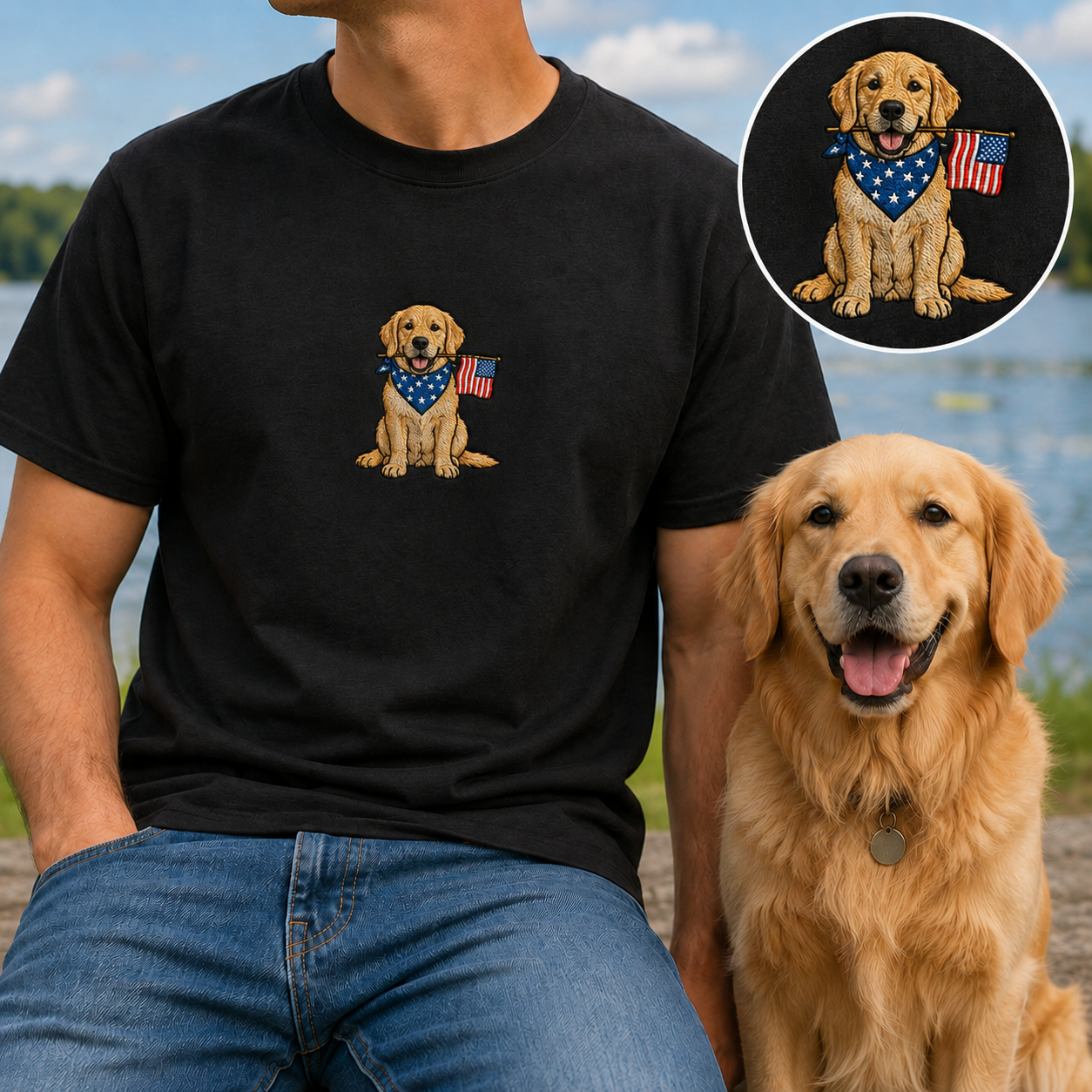 Custom Dog Photo Embroidery Tee, Personalized 250th Year America Pet Shirt, Cute Dog Mom Gift THUC99