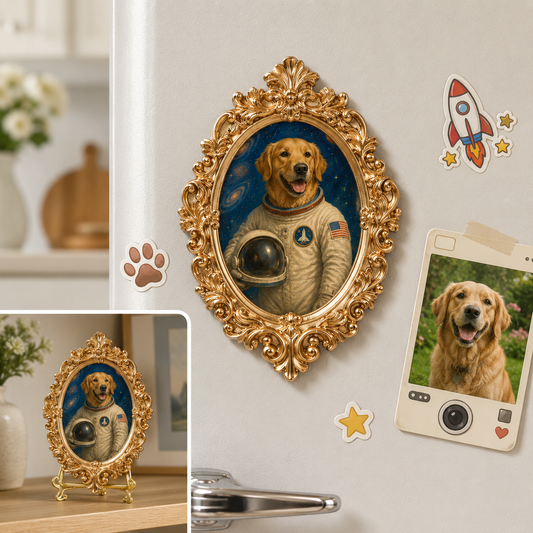 Personalized Dog Astronaut Keepsake Magnet, Custom Pet Photo Vintage Frame Magnet, Dog Memorial Gift THUC99