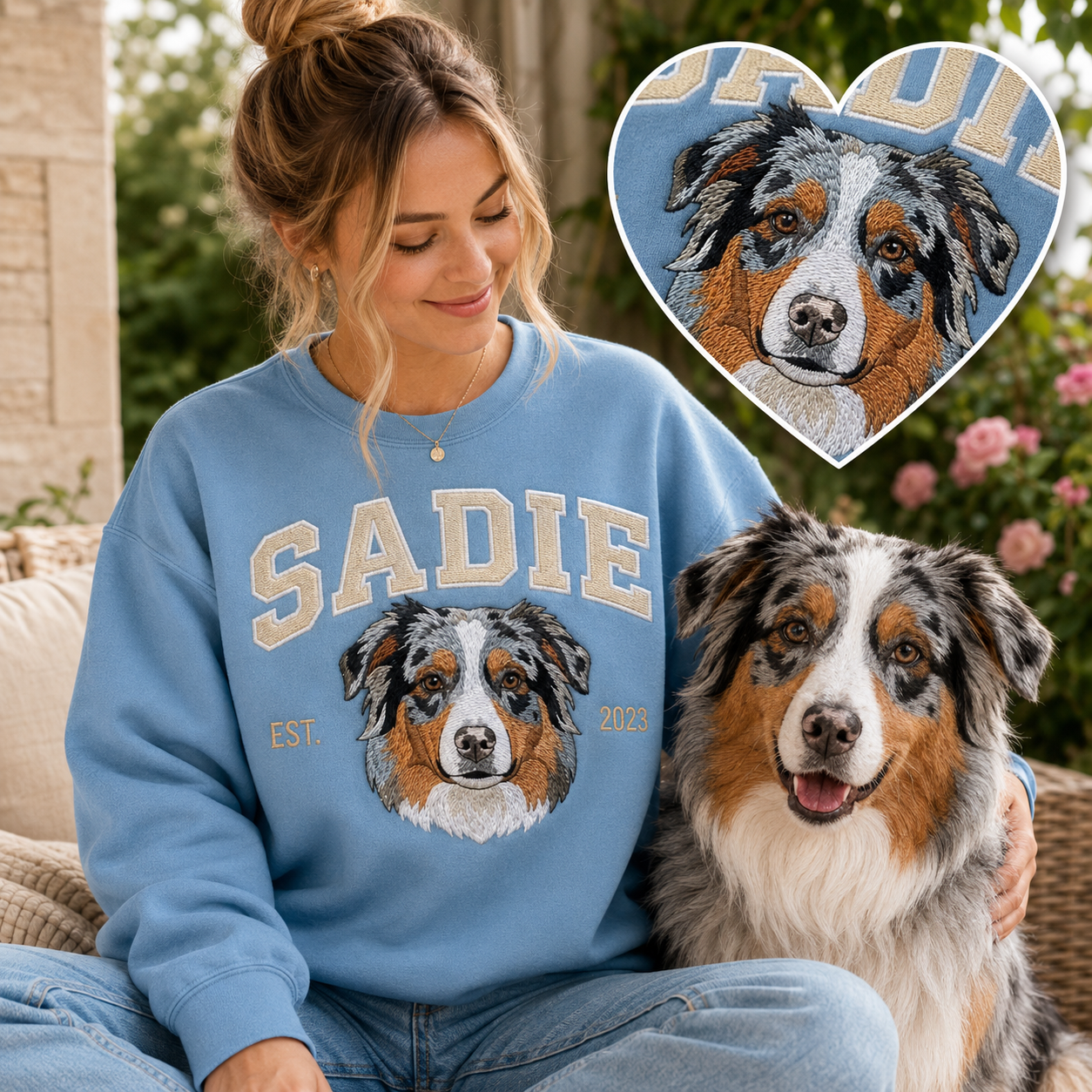 Custom Dog Photo Embroidered Sweatshirt – Personalized Pet Portrait Sweatshirt THUC99
