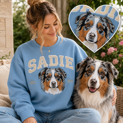 Custom Dog Photo Embroidered Sweatshirt – Personalized Pet Portrait Sweatshirt THUC99