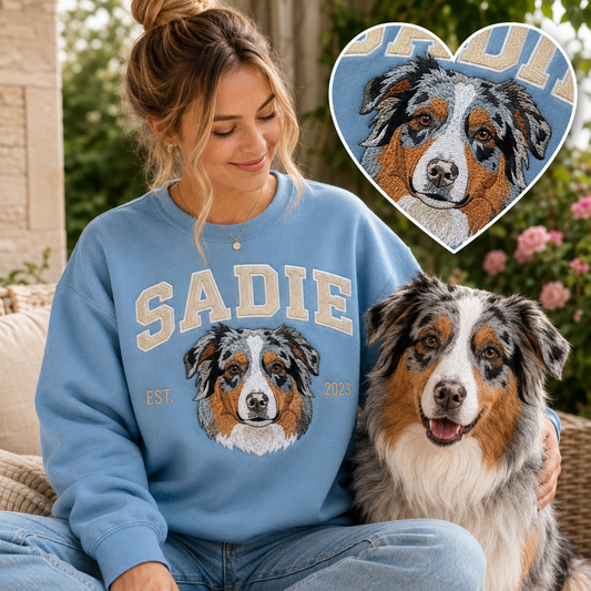 Custom Dog Photo Embroidered Sweatshirt – Personalized Pet Portrait Sweatshirt THUC99