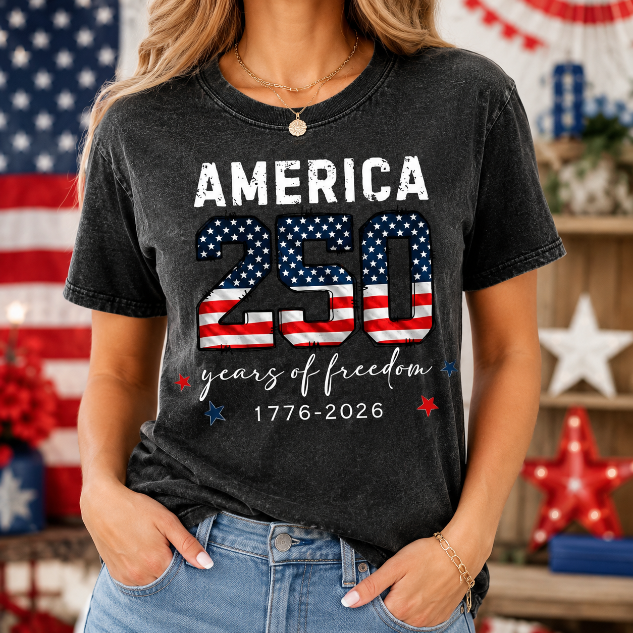 America 250th Celebration T-Shirt, Vintage Freedom Wash Shirt THUC99