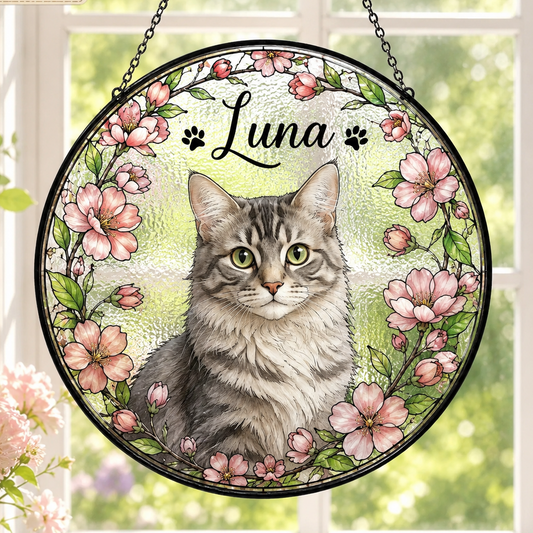 Custom Photo Cat Glass Suncatcher Decor – Personalized Pet Portrait Memorial Gift THUC99
