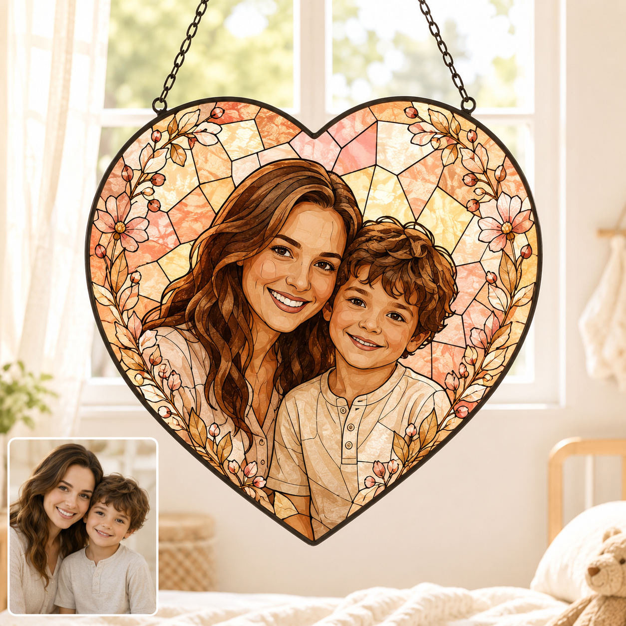Personalized Mom Photo Glass Suncatcher, Custom Mother Child Window Hanging Gift THUC99