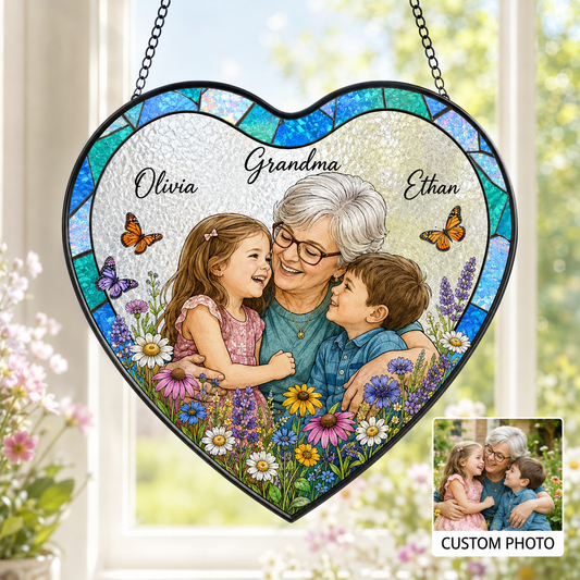 Custom Photo Grandpa & Kids Stained Glass Suncatcher, Personalized Mom Portrait Window Decor THUC99
