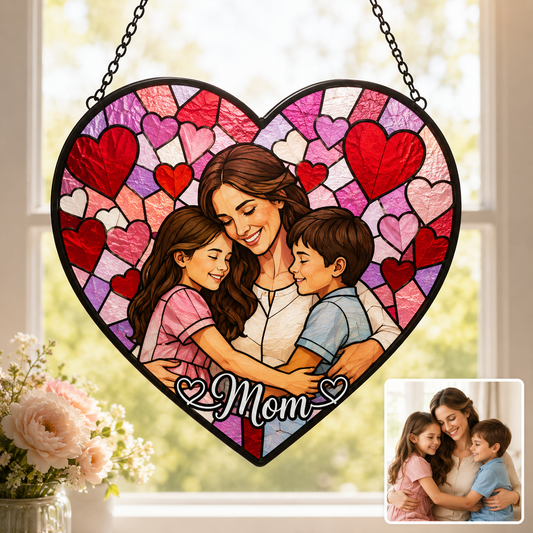 Custom Mom and Daughter Photo Glass Suncatcher, Personalized Family Portrait Window Decor Gift THUC99