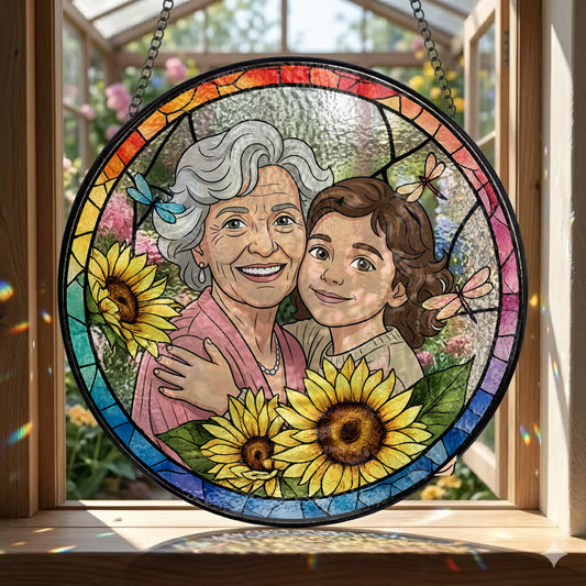 Personalized Family Portrait Stained Glass Suncatcher – Custom Photo Window Hanging, Floral Keepsake Gift THUC99