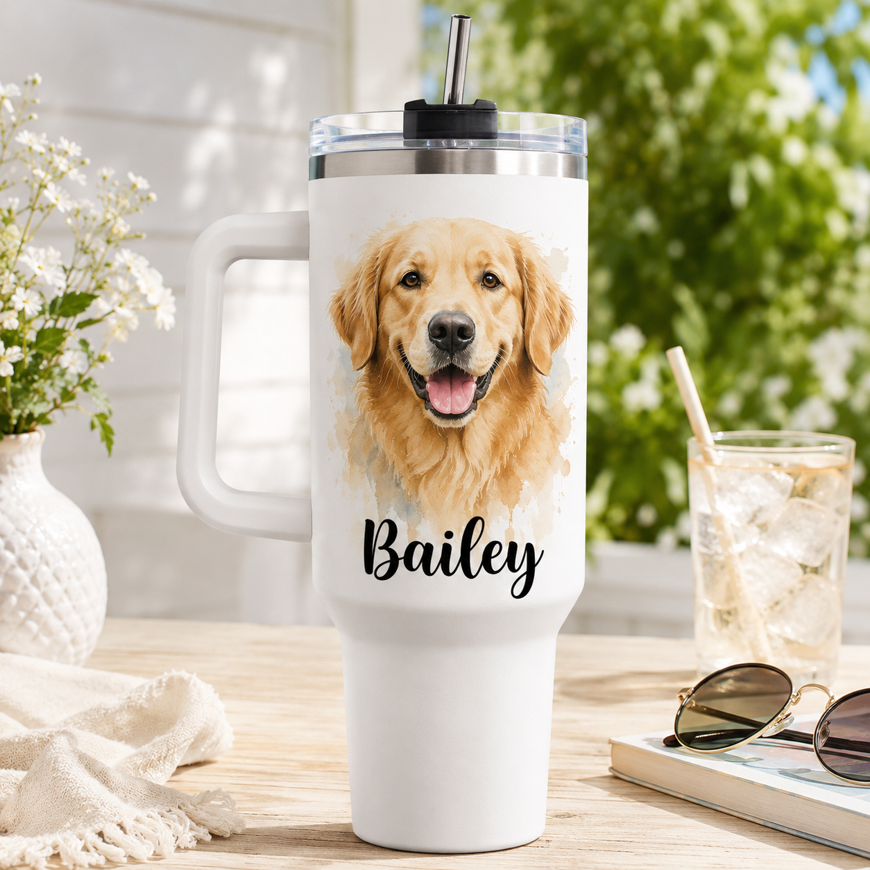 Custom Dog Portrait Travel Mug 40oz – Personalized Pet Picture Tumbler for Dog Lovers THUC99