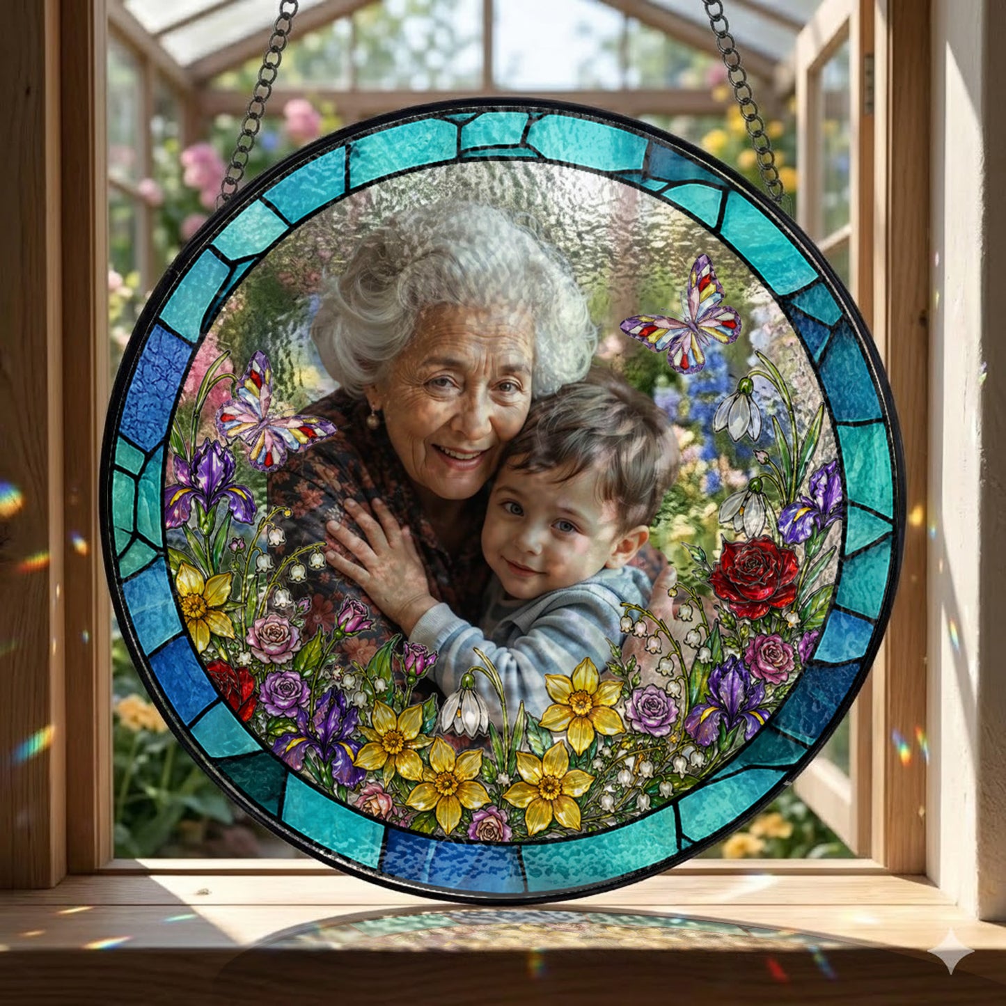 Custom Grandma Photo Stained Glass Suncatcher – Personalized Portrait Window Hanging (THUC99)