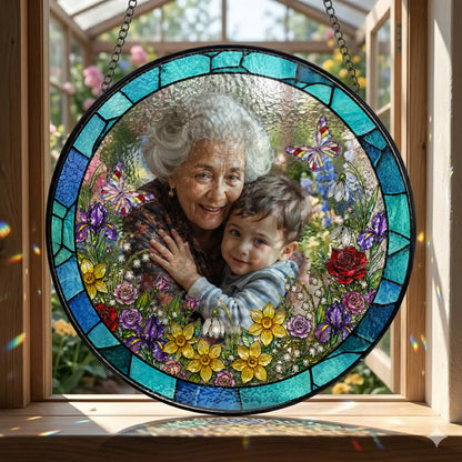 Custom Grandma Photo Stained Glass Suncatcher – Personalized Portrait Window Hanging (THUC99)