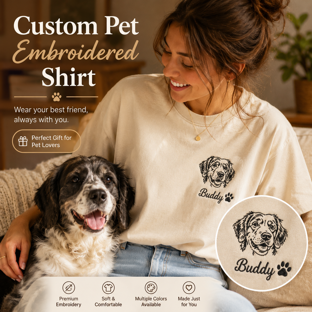 Custom Dog Portrait Embroidered T-Shirt, Personalized Pet Photo Shirt, Gift For Dog Lover THUC99