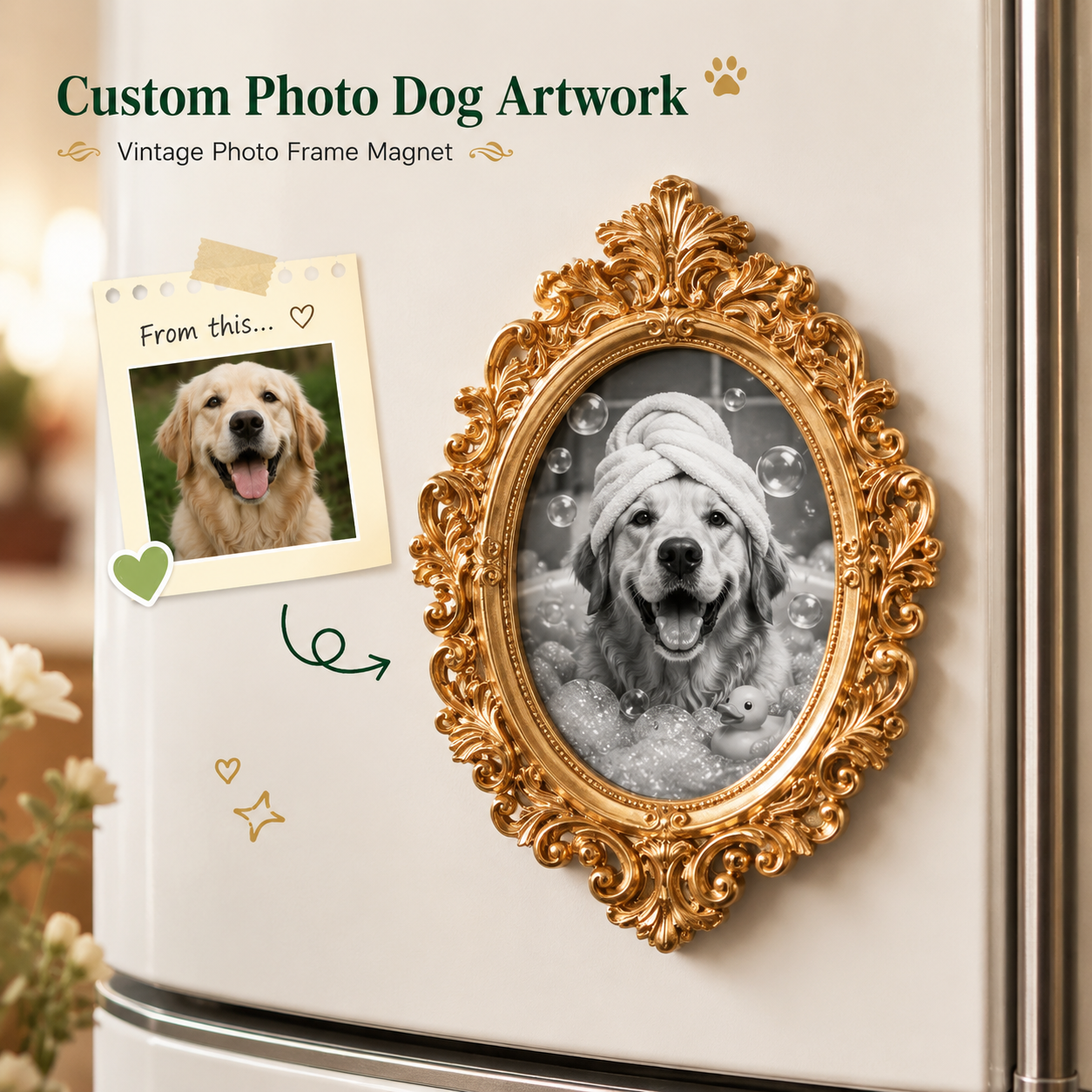 Custom Dog Artwork Magnet, Vintage Gold Photo Frame Magnet, Personalized Pet Keepsake THUC99