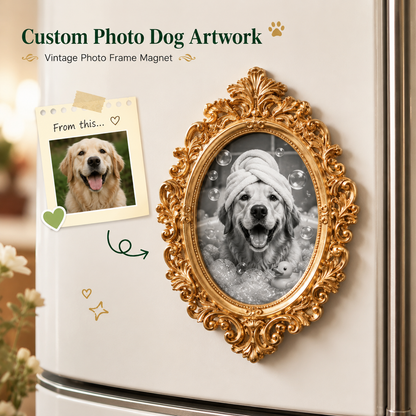 Custom Dog Artwork Magnet, Vintage Gold Photo Frame Magnet, Personalized Pet Keepsake THUC99